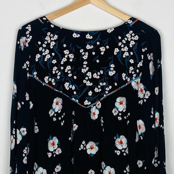 Ba&sh Floral Smock Blouse Bright Black V Neck 3/4 Length, Size 3 / 10 / L - Picture 9 of 12